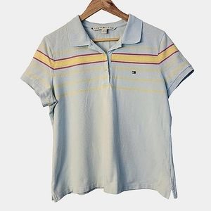 Tommy Hilfiger Polo Shirt Womens‎ XL Blue Yellow Striped Short Sleeve Fitted